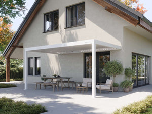 White finish pergola attached to modern home wall covering patio with wooden furniture