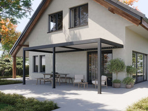 Corner view of matte black attached pergola shading mixed furniture