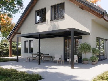 Dark charcoal pergola with fully closed louvered ceiling for shade