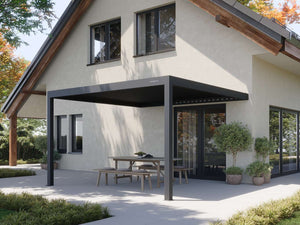 Dark grey metal pergola frame creating shaded outdoor space