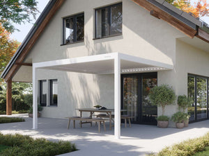 White aluminum attached pergola shading light wood dining set