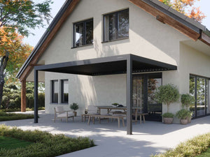 dark grey fixed pergola against house exterior with wooden beams covering outdoor dining set