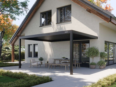 Black matte finish pergola with open slat roof design