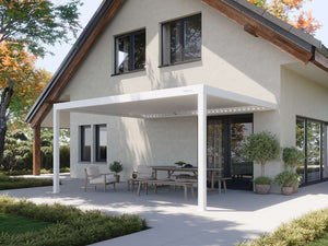 White powder-coated pergola with open slats over white outdoor furniture