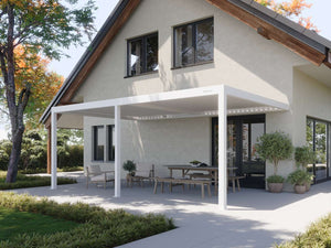 Bright white pergola extension with partially open slats creating shadows