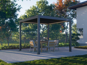 Motorised aluminium pergola with open louvered roof on stone patio surrounded by greenery
