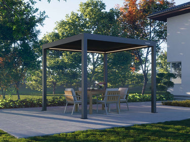 Motorised aluminium pergola with open louvered roof on stone patio surrounded by greenery