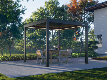 Freestanding dark grey pergola with warm LED strips over cushioned dining set