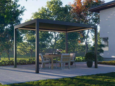 Charcoal grey rectangular pergola with brand logo and glowing light strips