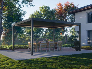 Dark anthracite Pergola 4 Pro with horizontal slat roof and warm LED lighting in backyard