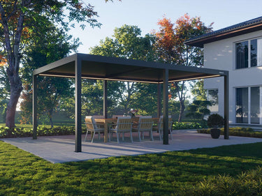 Dark grey matte aluminium pergola with closed louvres on garden patio