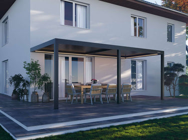 Dark modern pergola structure with illuminated LED beams and wooden slat ceiling
