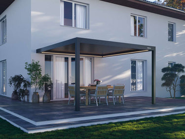Cantilever dark grey pergola with dimmable LED lighting and textured ceiling
