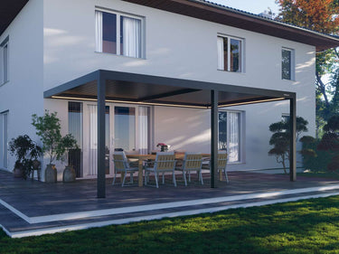 Charcoal grey powder-coated pergola with illuminated under-beam LED strips outdoors