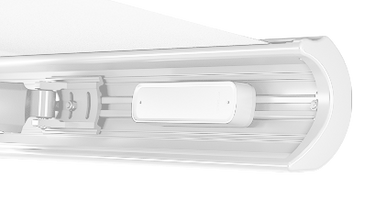 White wind sensor mounted in aluminum awning head rail