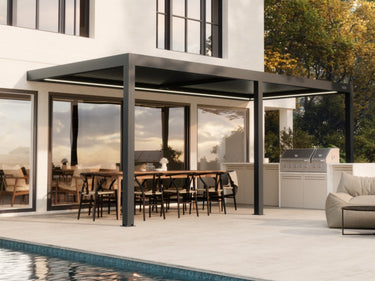 matte black pergola canopy over dining set without screens