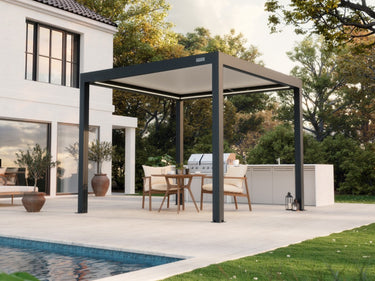 Sleek dark grey four-post pergola with illuminated inner beam strips over bistro table near pool edge