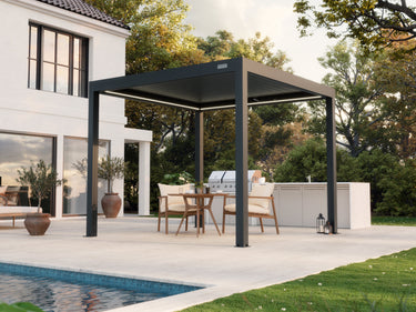 Black pergola with outdoor furniture near a pool and house