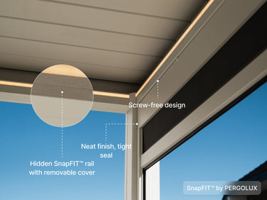 A close-up technical shot of the corner connection on a white louvered pergola roof, highlighting the design and finish details against a blue sky. Callouts point to and describe the following features: Screw-free design, Neat finish, tight seal, and the Hidden SnapFIT™ rail with removable cover, which is further emphasized by a magnified circular inset showing the layered materials and seal. A badge at the bottom right reads "SnapFIT™ by PERGOLUX".