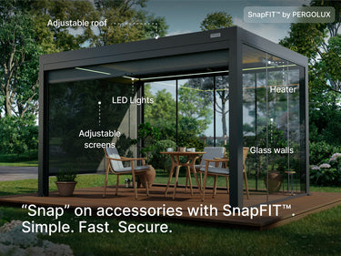 A diagrammatic view of a modern, dark gray pergola with multiple accessories installed, set on a wooden deck in a lush garden. Callouts point to and label the following features: Adjustable roof, LED Lights, Adjustable screens (on the side), Heater (mounted to the frame), and Glass walls (enclosing the space). Inside, there is a small round outdoor dining table and modern chairs. A badge in the upper right corner reads "SnapFIT™ by PERGOLUX." The text at the bottom says: " 'Snap' on accessories with SnapFIT