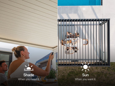 A split image demonstrating the adjustability of a louvered pergola roof.
On the left, a woman is seen from behind, sitting at a table and using a remote control to close the white louvered roof, creating Shade. The text below reads: "Shade When you need it."
On the right side, an aerial view shows the dark gray louvered roof completely open, allowing full Sun exposure onto a patio dining area below. The text below reads: "Sun When you want it."
The image visually contrasts the 2 functions of the pergola