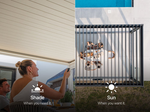 A split image demonstrating the adjustability of a louvered pergola roof.
On the left, a woman is seen from behind, sitting at a table and using a remote control to close the white louvered roof, creating Shade. The text below reads: "Shade When you need it."
On the right side, an aerial view shows the dark gray louvered roof completely open, allowing full Sun exposure onto a patio dining area below. The text below reads: "Sun When you want it."
The image visually contrasts the 2 functions of the pergola