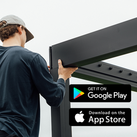 Person installing a pergolux pergola with app download prompts for Google Play and App Store.