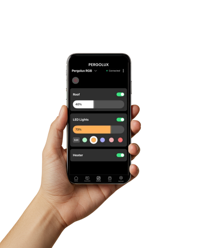 Hand holding a smartphone displaying the Pergolux app on a white background