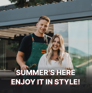 Two people standing together with text 'Summer's here, enjoy it in style!'