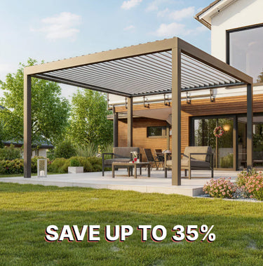 Patio cover with outdoor furniture in a backyard setting, promotional text 'Save up to 35%' displayed.