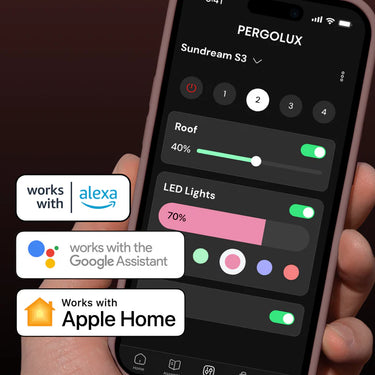 Smartphone displaying a home automation app with Alexa, Google Assistant, and Apple Home compatibility logos.