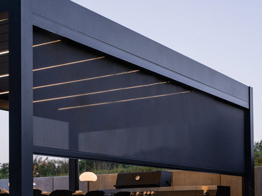 dark charcoal mesh screen with warm LED strip lights